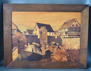 French Inlaid Wood Marquetry Of Alsacian Village Signed Joseph Aufderbruck