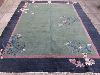 Shabby Chic Antique Hand Made Art Deco Chinese Green Wool Large Carpet 292x245cm
