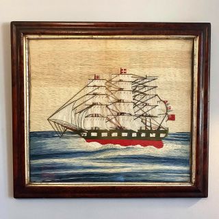 Antique Victorian Sailors Woolie Woolwork Picture Ship Folk Art Naive Needlework