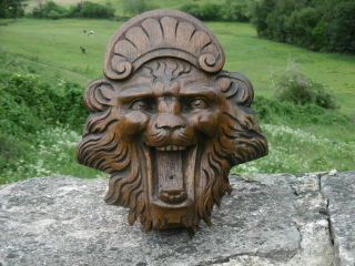 Gothic Oak Carved Lion Head With Scrolled Crown