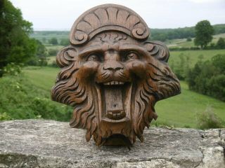GOTHIC OAK CARVED LION HEAD WITH SCROLLED CROWN 3
