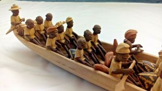Vintage African Nigerian Thorn Wood Boat Carving Of 20 Tribal Figures In A Canoe