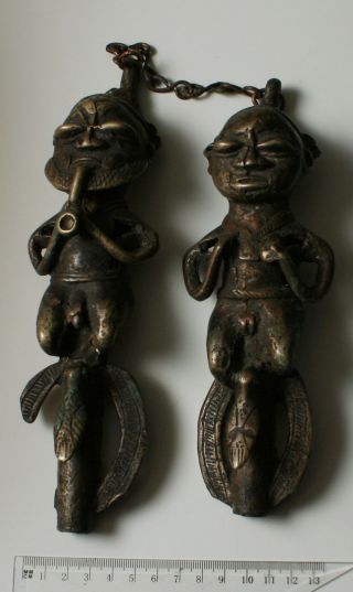 Antique Old African Bronze Casting Chief Stick Pole Top Pair 20th Century