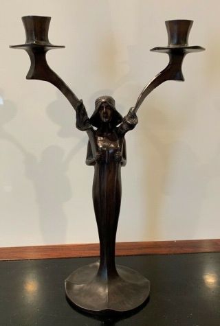 Art Nouveau Bronze Two Arm Figural Candlestick Signed J.  Moigniez 1902