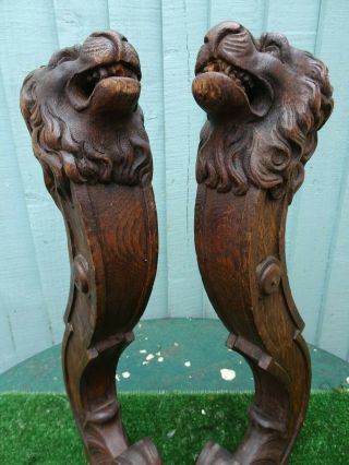 Pair: 19thc Gothic Wooden Oak Carvings With Lion Heads To Tops C1890s