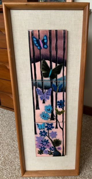 Vintage 60s 70s Enamel Painting Butterfly Tile Wall Hanging Mid Century Modern