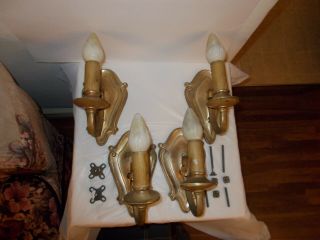 Antique Matching Set 4 Art Deco Brass Wall Sconce Light Fixture Electric Candle