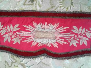 19th C Red Velvet Metallic Embroidery Silk Table Mantle Cloth Passimenterie Trim