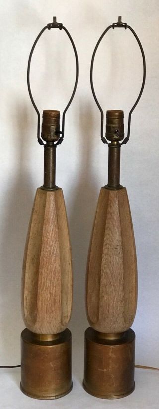 2 Mid - Century Carved Oak Wood Bullet Sculpted Table Lamps Attributed To Heifetz