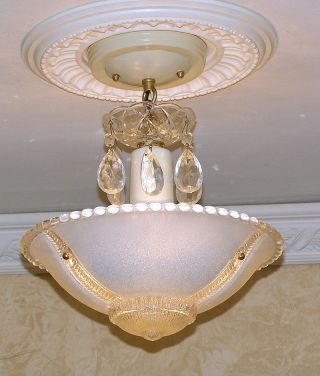 149b Vintage Art Deco Ceiling Light Chandelier Fixture Glass Shade Blue 1 Of 2