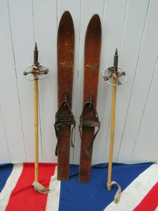 Rare Midgets Dwarf Childs Antique Vintage Wooden Skis And Poles 79cm