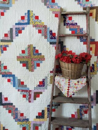 Large Gorgeous Vintage 30 - 40s Log Cabin Quilt 89x89 Sawtooth Border Pa Origin