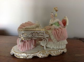 Antique Dresden China Lady Playing Grand Piano Lace Music Figurine Germany Pink