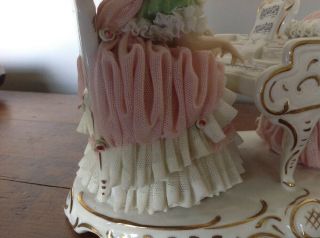 ANTIQUE DRESDEN CHINA LADY PLAYING GRAND PIANO LACE MUSIC FIGURINE GERMANY PINK 6