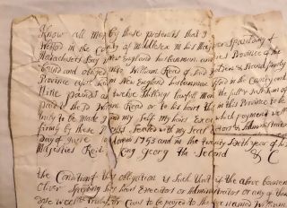 Signed document Pre - Revolutionary War 1753 Oliver Spaulding Westford MA Wm Read 2