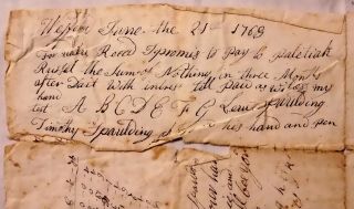 Signed document Pre - Revolutionary War 1753 Oliver Spaulding Westford MA Wm Read 7