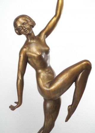 1930s - Art Deco Nude Dancer Lady Figural Bronze Patina Statue On Marble Base