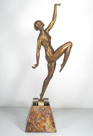 1930s - ART DECO NUDE DANCER LADY FIGURAL BRONZE PATINA STATUE on MARBLE BASE 2