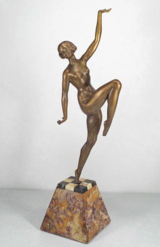 1930s - ART DECO NUDE DANCER LADY FIGURAL BRONZE PATINA STATUE on MARBLE BASE 3