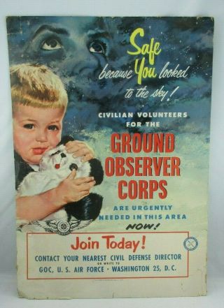 Vintage 1953 Ground Observer Corps Us Air Force Goc Recruiting Poster Atomic Age