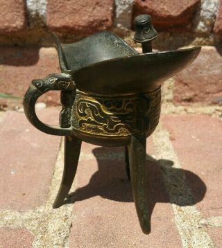 Chinese Archaistic Style Bronze Gilt Jua Ritual Wine Vessel Dragon Handle Taotie