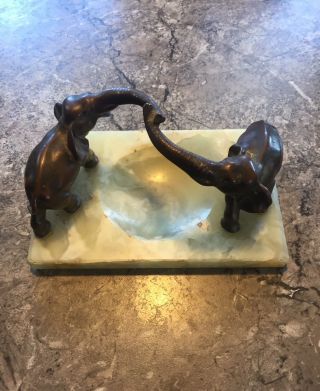 Vintage Austrian Bronze Elephants on Green Onyx Base Ashtray 1930 ' s Art Deco Scu 2