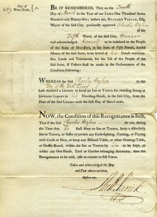 Revolutionary War General Richard Varick 1795 Tavern License Signed As Ny Mayor