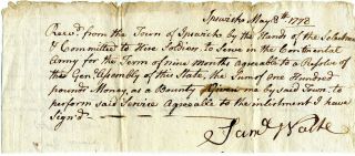 Revolutionary War Ipswich Massachusetts Receipts For Bounty For Continental Army