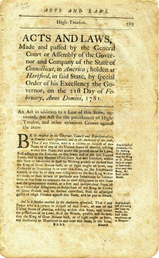 Revolutionary War Connecticut Acts & Laws February 1781 Punishment For Treason