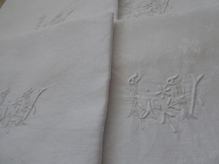 8 Huge French Napkins White Floral Linen Damask - Intricate Monogramme Lv