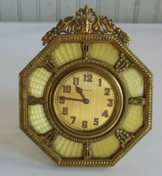 Vtg Fancy Guilloche Yellow Enamel & Brass Swiss 8 Day Clock Non Running