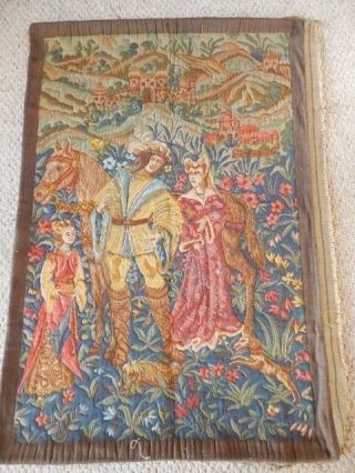 Antique Large Tapestry Medieval Scene W Castle People Horse Rabbit Dog