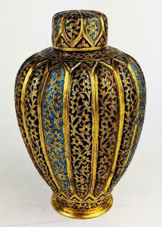 FINE KASHMIR ENAMEL ANTIQUE INDIAN GILT COPPER PAIR VASES c1880 Islamic Art​ 11