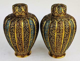 Fine Kashmir Enamel Antique Indian Gilt Copper Pair Vases C1880 Islamic Art​
