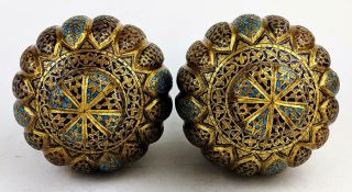 FINE KASHMIR ENAMEL ANTIQUE INDIAN GILT COPPER PAIR VASES c1880 Islamic Art​ 4
