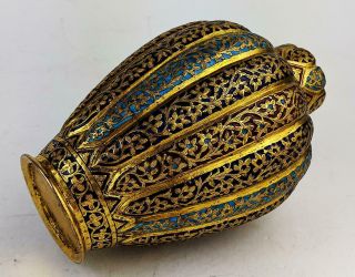FINE KASHMIR ENAMEL ANTIQUE INDIAN GILT COPPER PAIR VASES c1880 Islamic Art​ 8