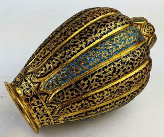 FINE KASHMIR ENAMEL ANTIQUE INDIAN GILT COPPER PAIR VASES c1880 Islamic Art​ 9