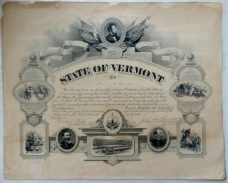 Vermont State 1871 Military Certificate - Horace Meaker - Civil War Volunteer -