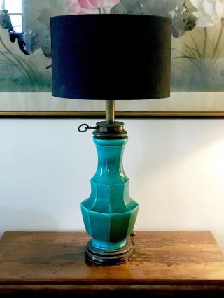 Large Antique Chinese Porcelain Glazed Monochrome Vase Lamp Qing Seal Green