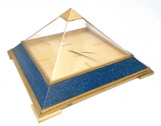 Large Rare Vintage 1960s Le Coultre Cartier Pyramid Clock Faux Lapis Bronze