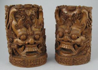 Pair Vintage Balinese Temple Dragon Wood Carvings Bookends Tjok Agung Toko Sutji
