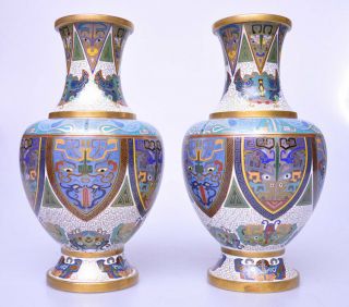 A Pair Antique Chinese Qing Dynasty Bronze Cloisonne Enamel Taotie Vase