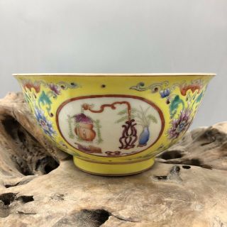 Chinese Old Marked Yellow Ground Famille Rose Flowers Pattern Porcelain Bowl