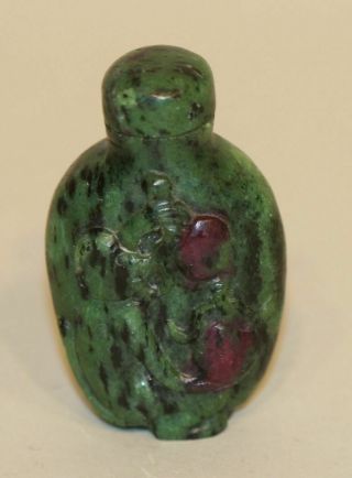 Vintage Chinese Snuff Bottle Zoisite Stone W/ Hand Carved Monkey Fruits