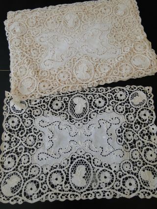 Antique Linens - Lavish Cantu Lace Placemats With Portraits,  Embroidery