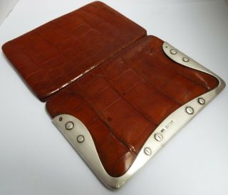 LARGE ENGLISH ANTIQUE 1902 ART NOUVEAU STERLING SILVER & CROCODILE WALLET 5