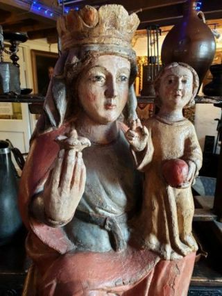 Large Late 15th Century Antique Carved Wood Carving The Madonna & Child