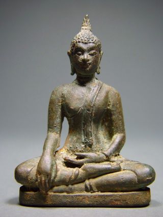 ANTIQUE BRONZE MEDITATING SUKHOTHAI BUDDHA AMULET.  STUPA RELIC.  16/17th C 2