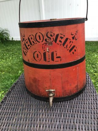 Antique Primitive KEROSENE OIL Painted Bucket Firkin IMPERVIOUS Oil Can KEENE,  NH 2