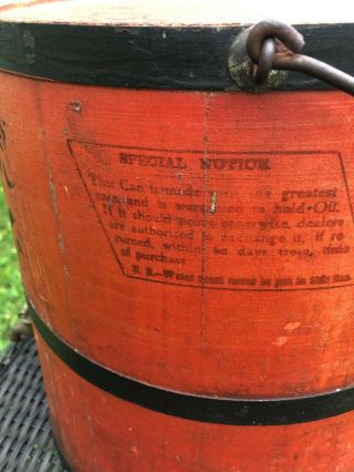 Antique Primitive KEROSENE OIL Painted Bucket Firkin IMPERVIOUS Oil Can KEENE,  NH 4